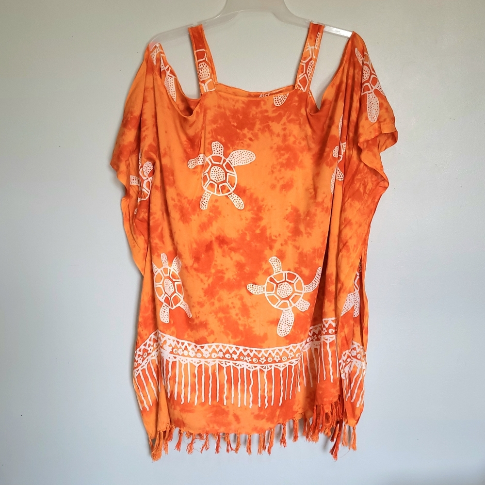 Tie Dyed Beach Coverup Dress with Turtle Print and Fringe One Size Orange